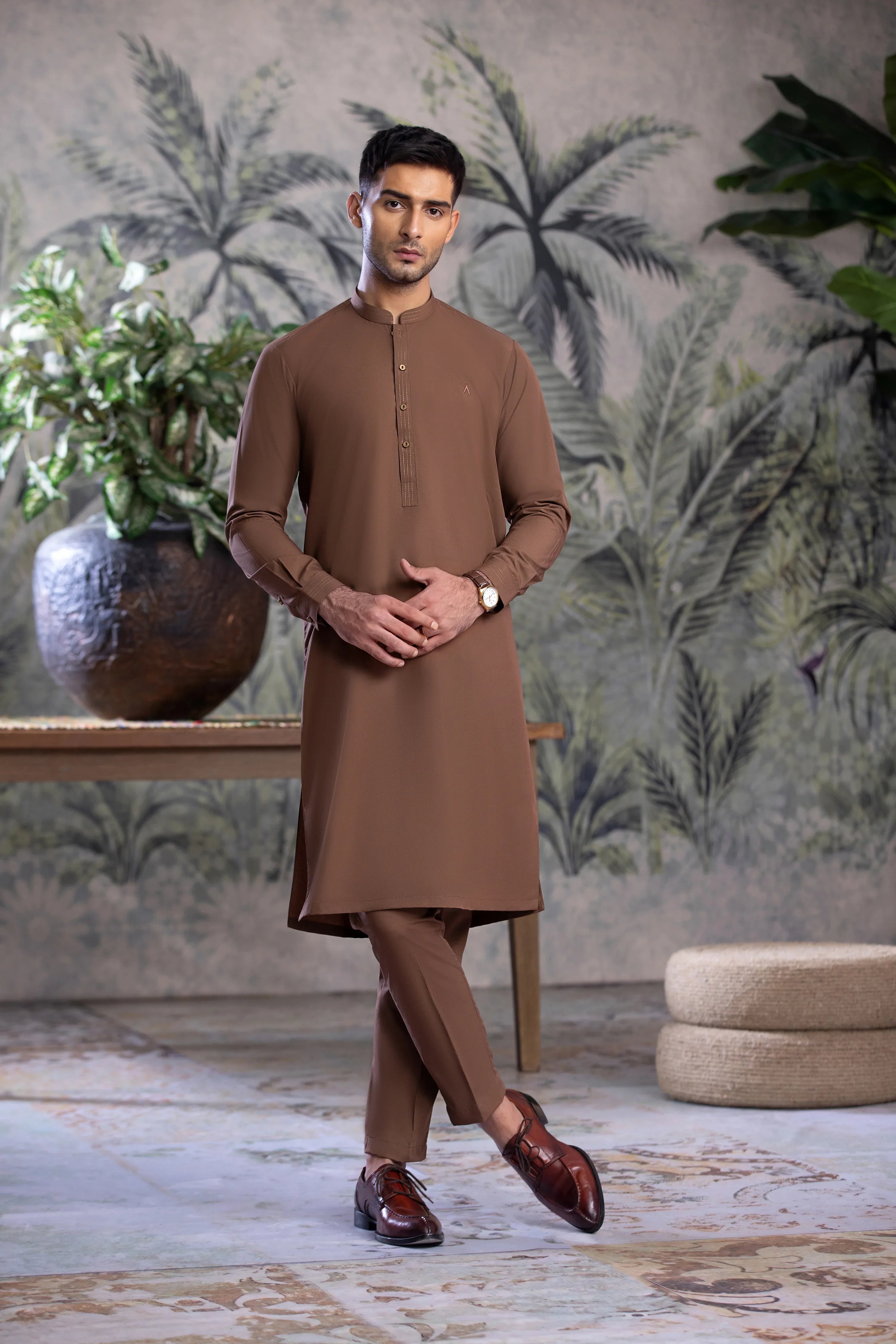Stitched Kurta Trouser With Thread Detailing for Men - Coffee Brown - A Man