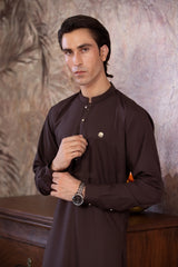 Stitched Kurta With Matching Trouser & Golden Buttons for Men - Chocolate Brown - A Man