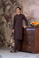 Stitched Kurta With Matching Trouser & Golden Buttons for Men - Chocolate Brown - A Man