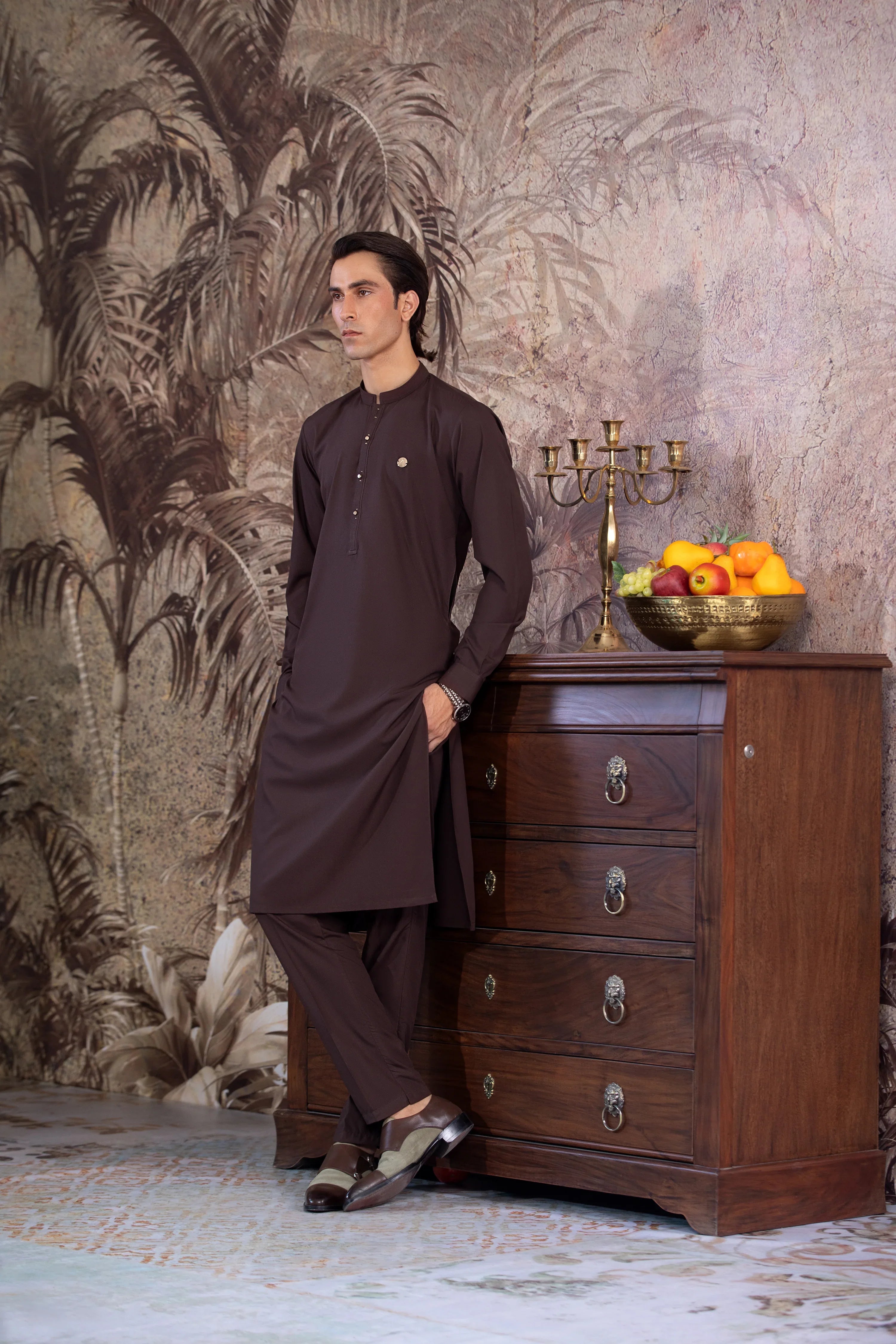 Stitched Kurta With Matching Trouser & Golden Buttons for Men - Chocolate Brown - A Man