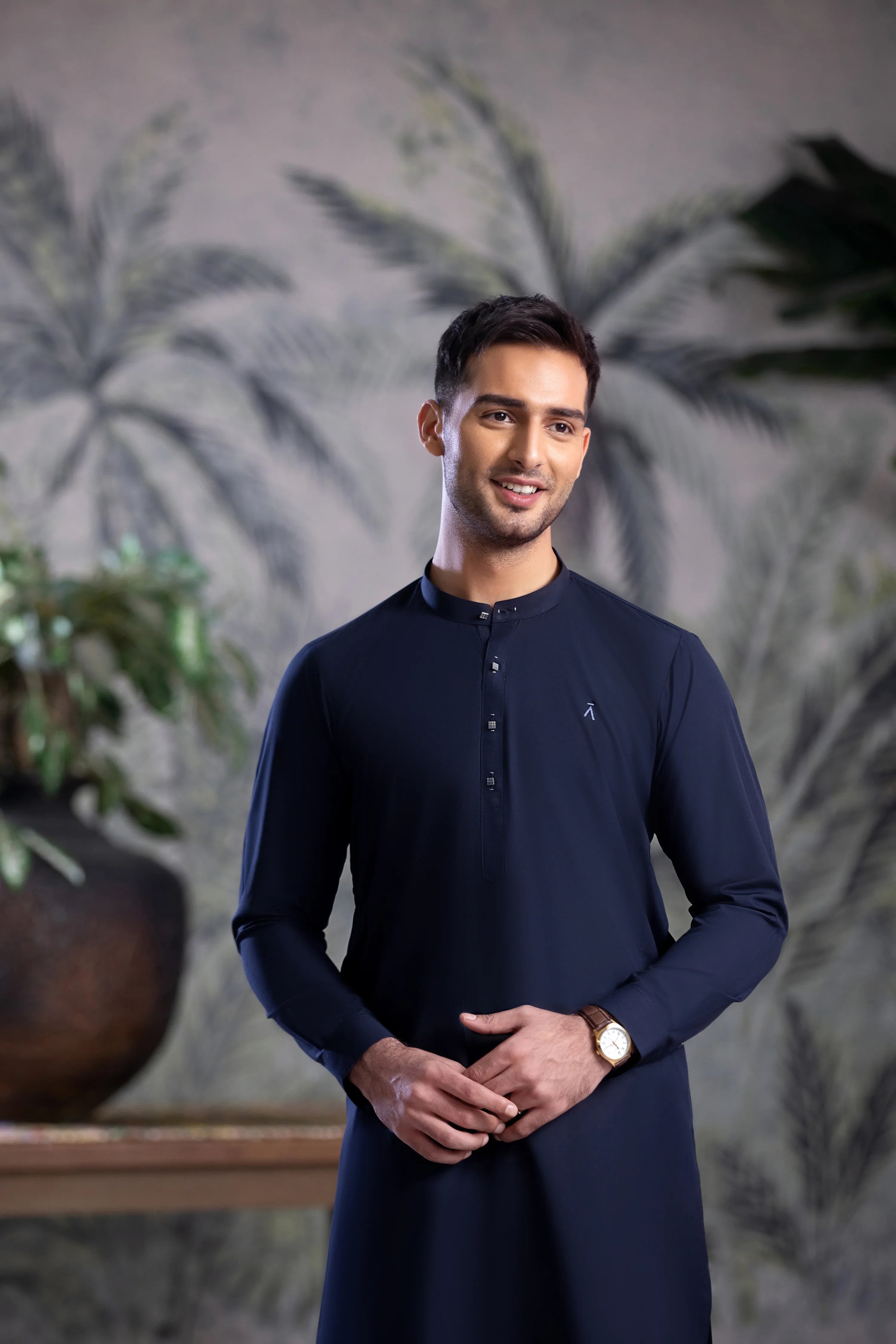 Stitched Kurta With Matching Trouser & Thread Detailing for Men - Navy Blue - A Man