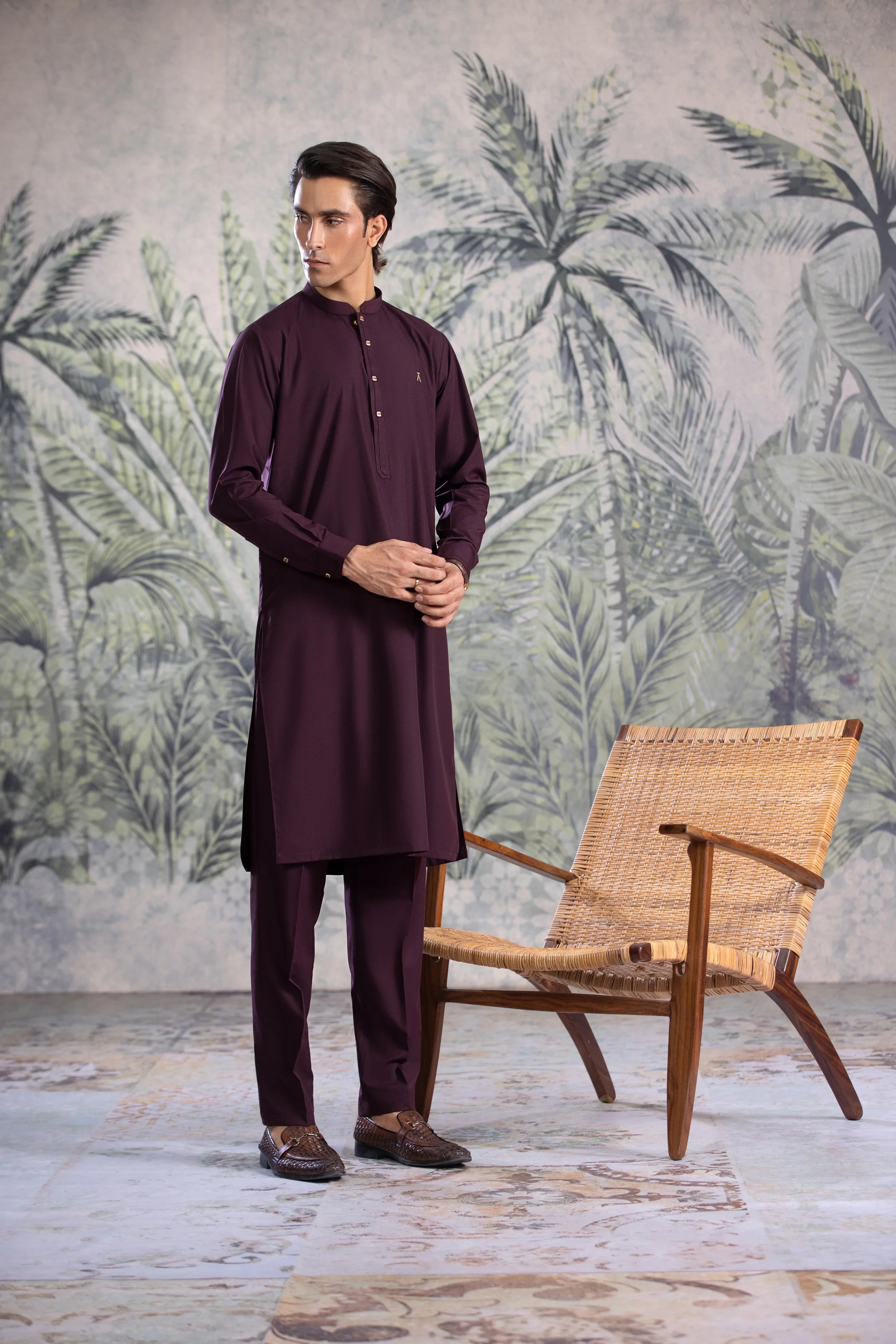 Stitched Kurta With Matching Trousers & Square Metal Buttons for Men - Burgundy - A Man