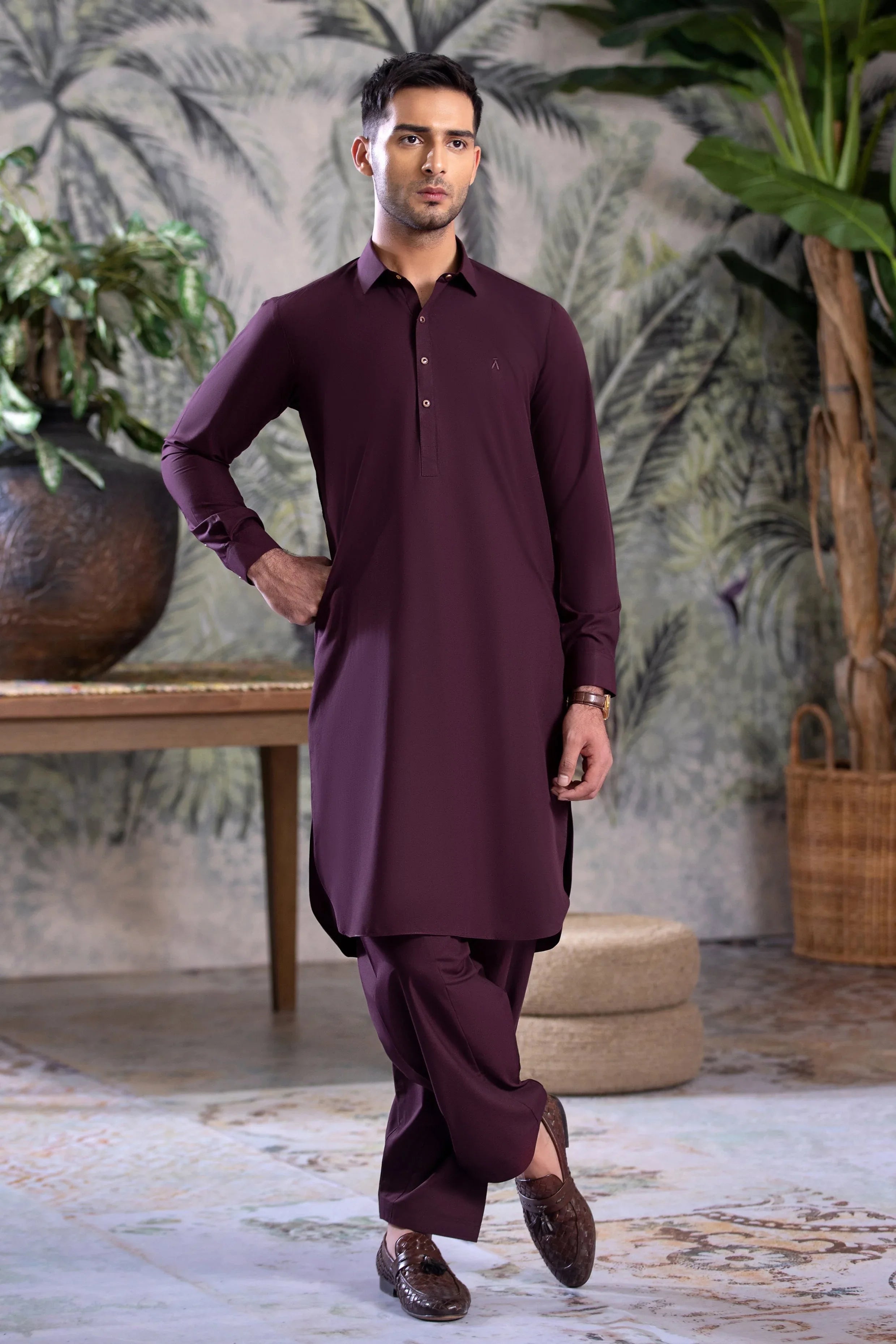 Stitched Premium Collar Kameez Shalwar for Men - Maroon - A Man