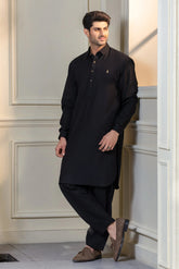 Stitched Premium Kameez Shalwar With Golden Accent for Men - Black - A Man