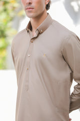 Stitched Signature Logo Shalwar Kameez With Golden Button for Men - Light Brown - A Man