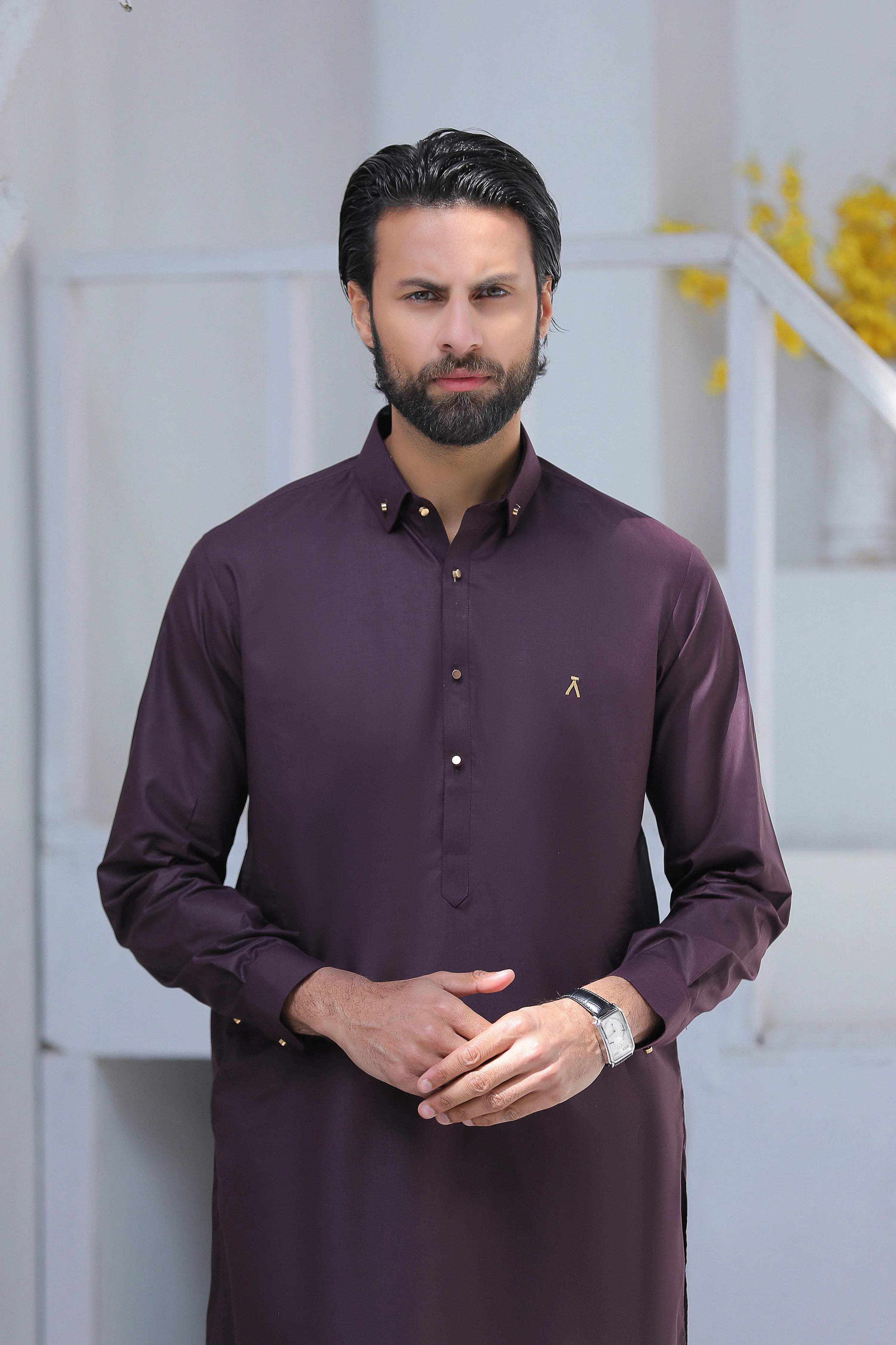 Stitched Signature Logo Shalwar Kameez With Golden Buttons for Men - Dark Purple - A Man