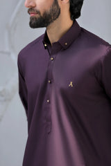 Stitched Signature Logo Shalwar Kameez With Golden Buttons for Men - Dark Purple - A Man