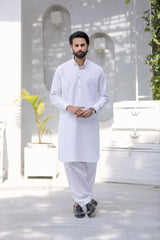 Stitched Signature Logo Shalwar Kameez With Golden Buttons for Men - Off White - A Man