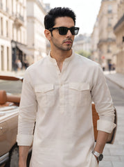 Stitched Cotton Kurta Trouser Set Relaxed Fit - Vanilla Cream