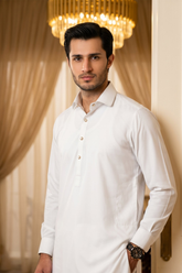 Premium Round Collar Kameez Shalwar with Button Detailing - Off White
