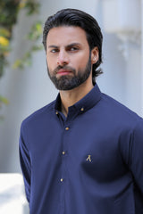 Stitched Signature Logo Shalwar Kameez With Golden Button for Men - Navy Blue
