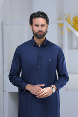 Stitched Signature Logo Shalwar Kameez With Golden Button for Men - Navy Blue
