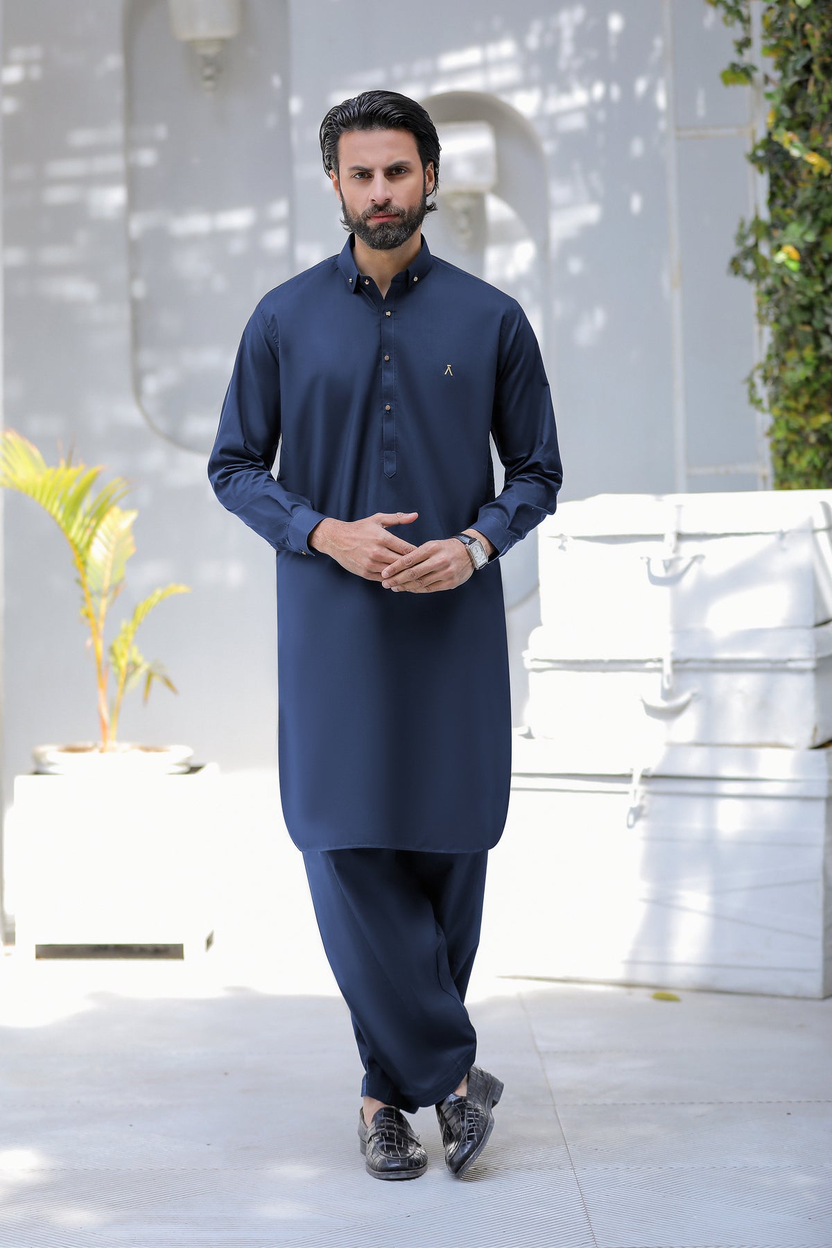 Stitched Signature Logo Shalwar Kameez With Golden Button for Men - Navy Blue