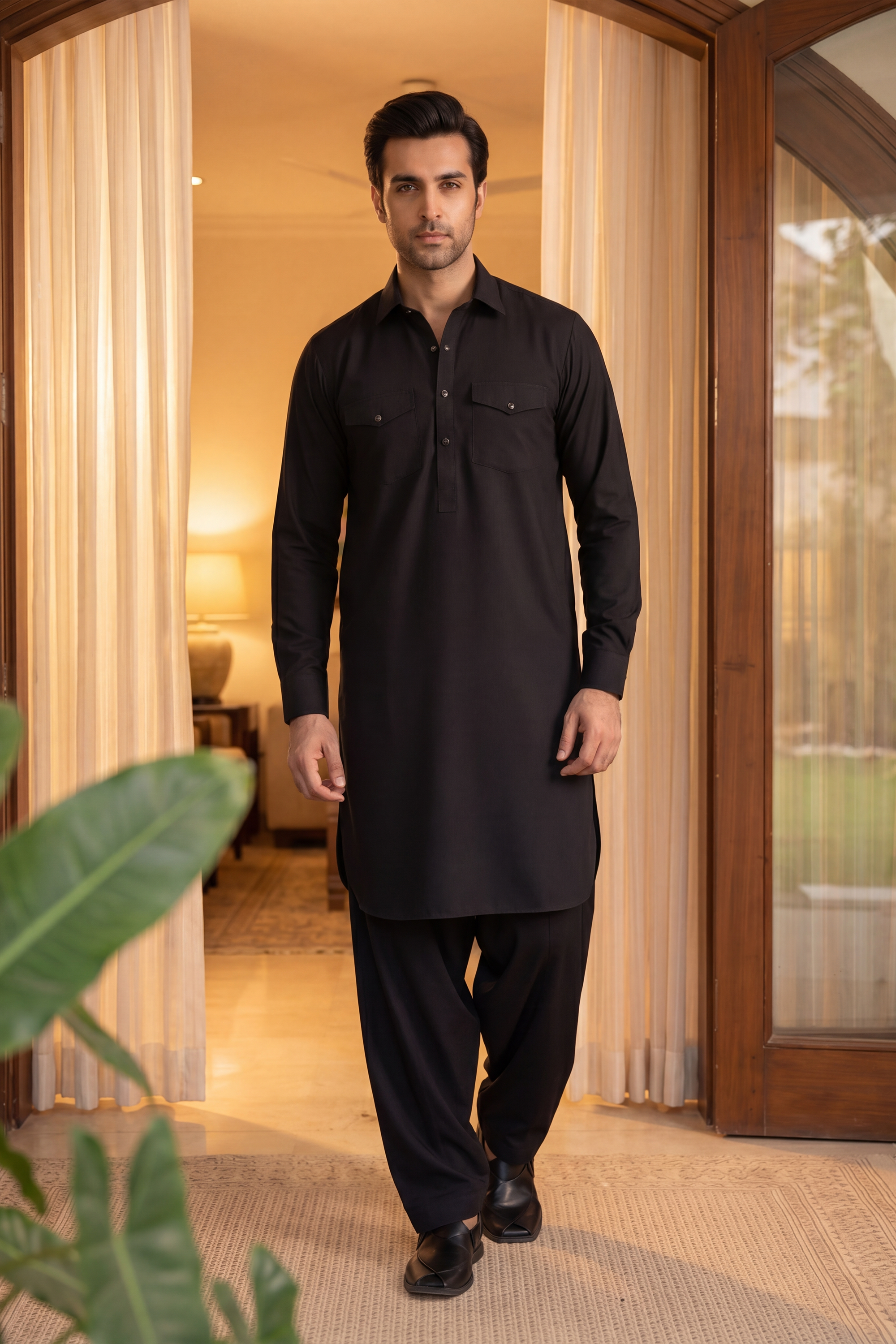 Stitched Double Pocket Kurta Shalwar With Button Detailing for Men - Black