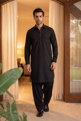 Stitched Double Pocket Kurta Shalwar With Button Detailing for Men - Black