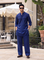 Stitched Cotton Kurta Trouser Set Relaxed Fit - Ink Blue