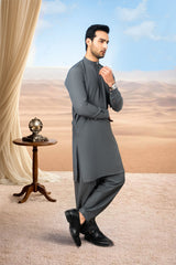 Elegant Wool Kurta Shalwar with Stylish Placket - Grey