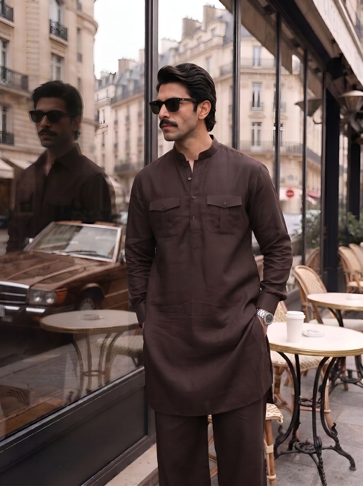 Stitched Cotton Kurta Trouser Set Relaxed Fit - Coffee Brown