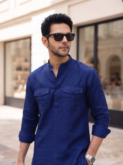 Stitched Cotton Kurta Trouser Set Relaxed Fit - Ink Blue