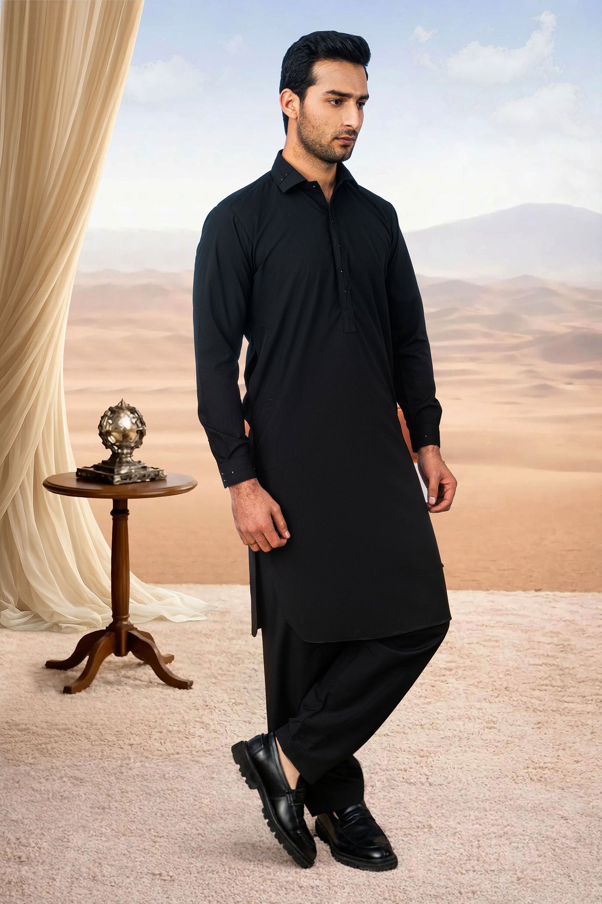 Classic Collar Kameez Shalwar with Minimal Detailing - Black
