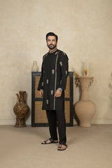Premium Embroidered Kameez Shalwar With Golden Thread Detailing - Black - A Man
