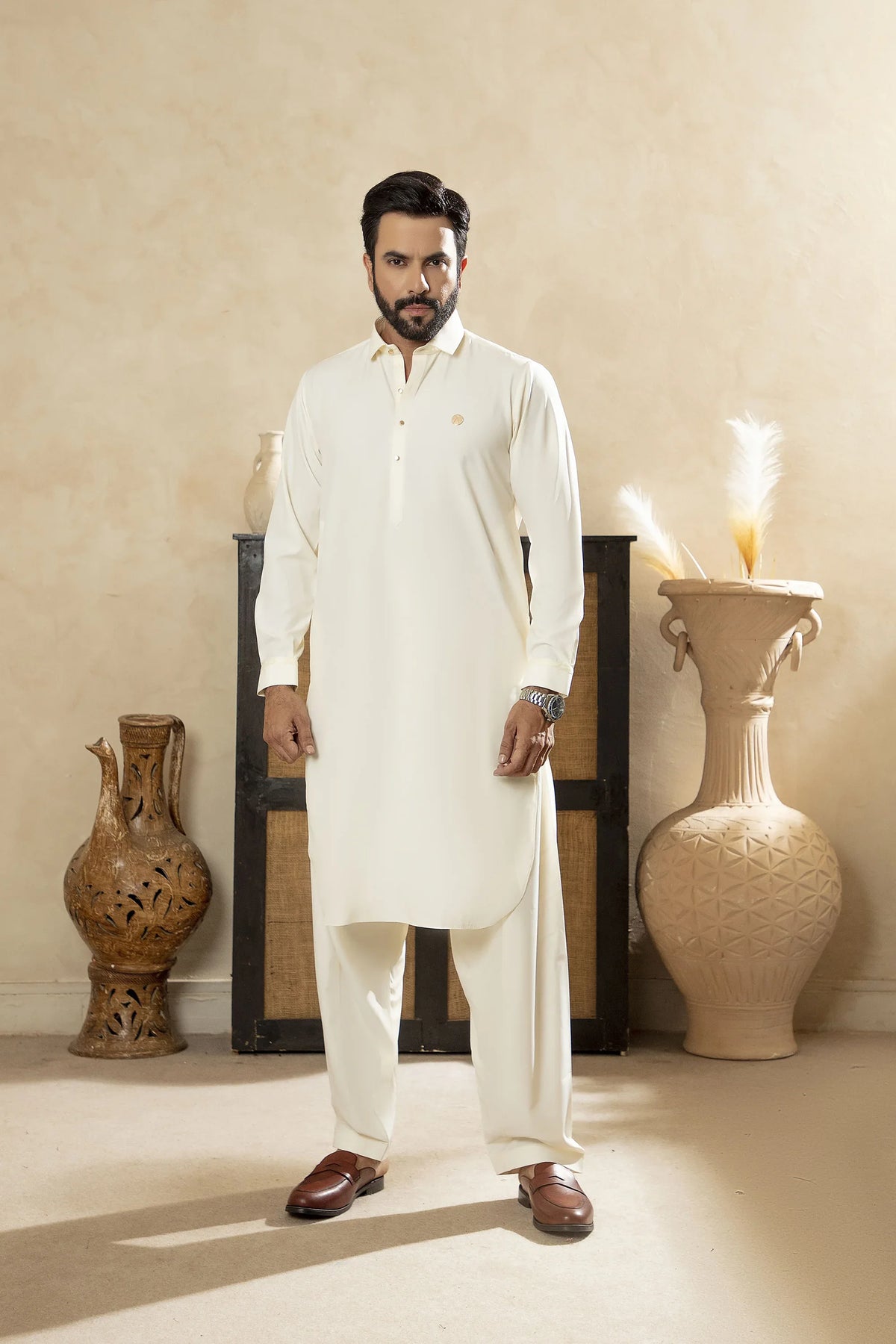 Premium Boski Kameez Shalwar With With Metal Buttons - Cream - A Man