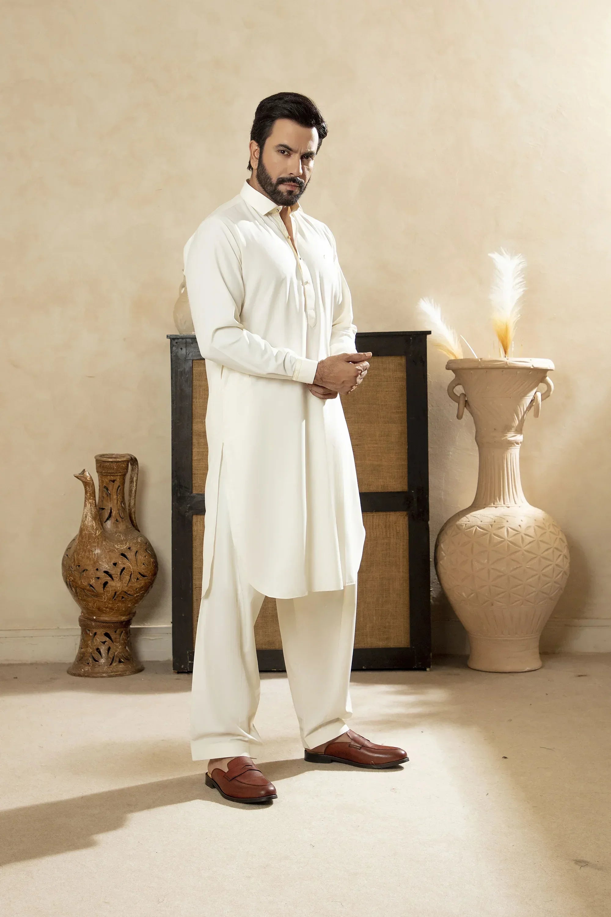 Premium Boski Kameez Shalwar With With Metal Buttons - Cream - A Man