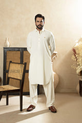Premium Boski Kameez Shalwar With With Metal Buttons - Cream - A Man