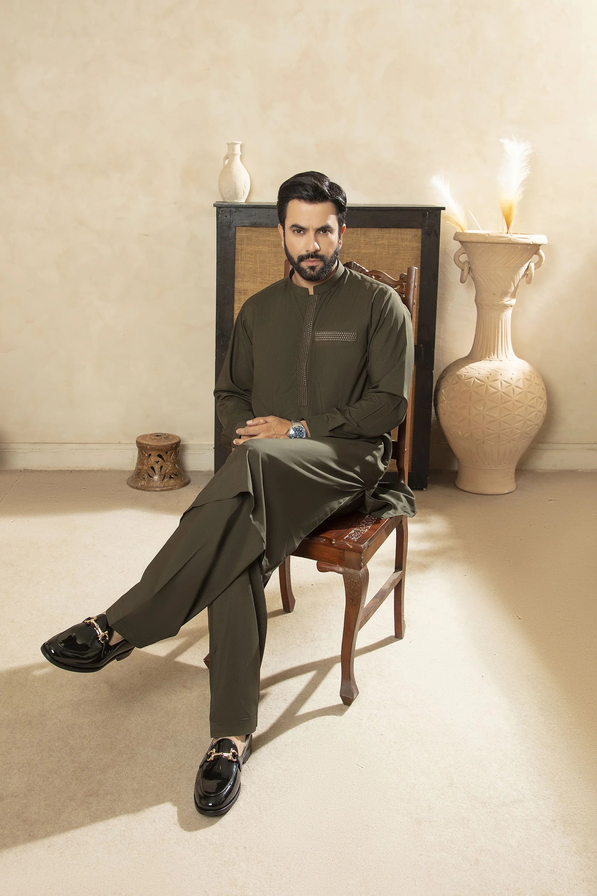 Premium Kameez Shalwar With Embroidered Placket & Pocket - Olive Green - A Man