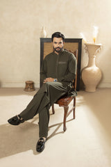 Premium Kameez Shalwar With Embroidered Placket & Pocket - Olive Green - A Man