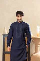 Classic Shalwar Kameez with Embroidered Panel - Navy Blue