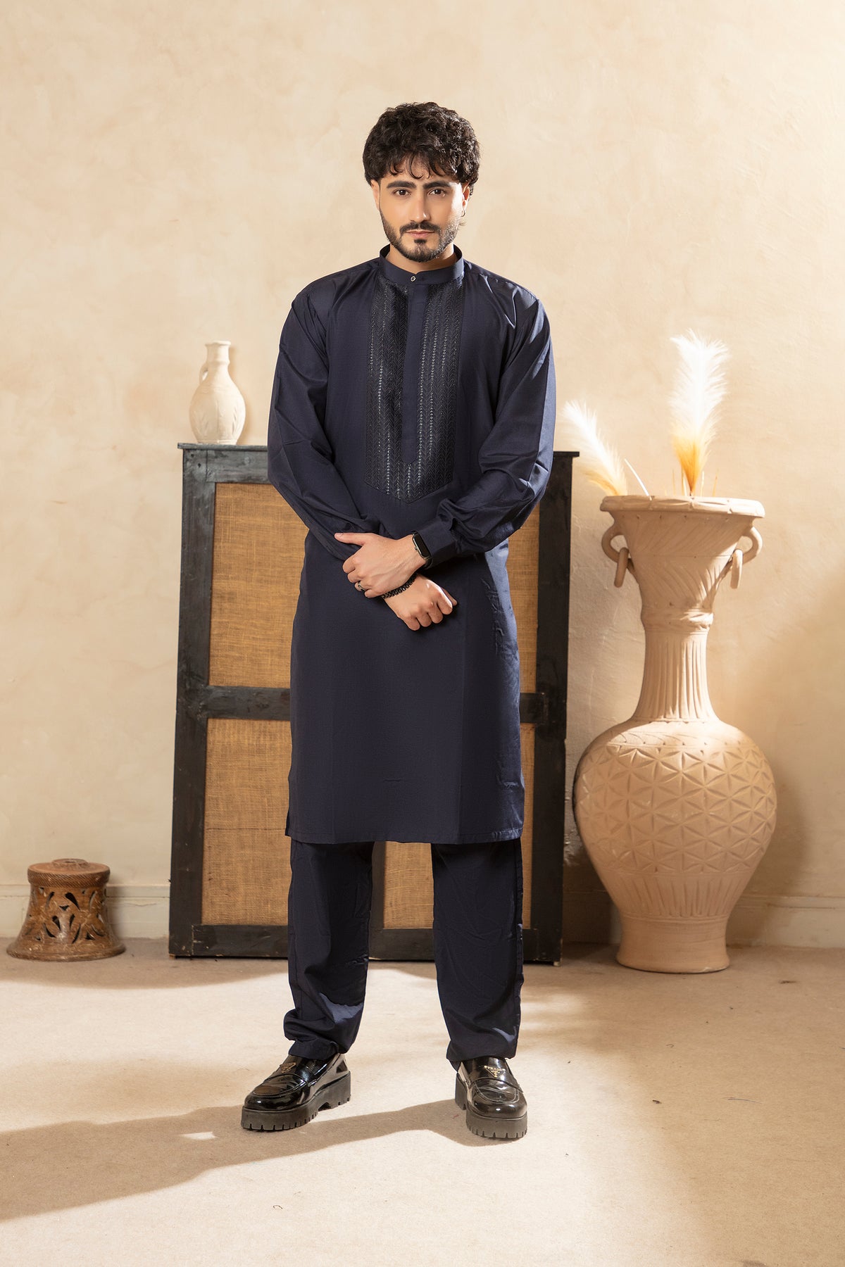 Classic Shalwar Kameez with Embroidered Panel - Navy Blue