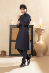 Classic Shalwar Kameez with Embroidered Panel - Navy Blue
