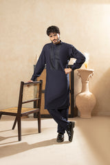 Classic Shalwar Kameez with Embroidered Panel - Navy Blue