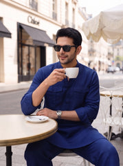 Stitched Cotton Kurta Trouser Set Relaxed Fit - Ink Blue