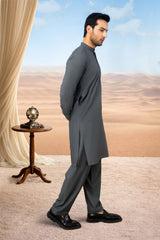Elegant Wool Kurta Shalwar with Stylish Placket - Grey