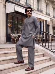 Stitched Cotton Kurta Trouser Set Relaxed Fit - Slate Grey