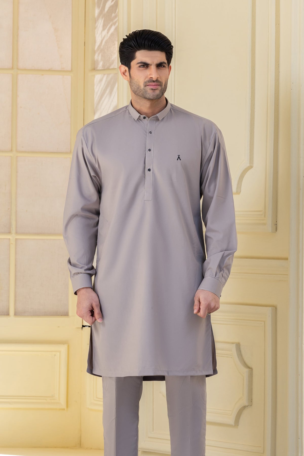 Stitched Kurta Trouser With Contrast Detailing for Men - Mid Grey