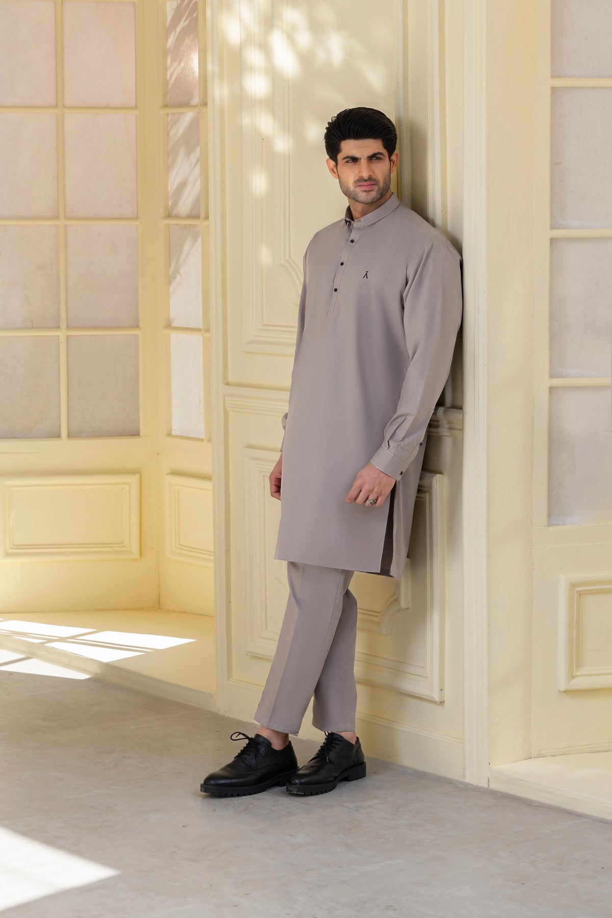 Stitched Kurta Trouser With Contrast Detailing for Men - Mid Grey - A Man