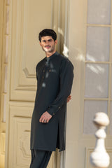 Stitched Full Ban Kurta Shalwar With Golden Accents for Men - Fern Green