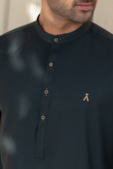 Stitched Full Ban Kurta Shalwar With Golden Accents for Men - Fern Green