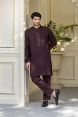 Stitched Premium Embroidered Kurta With Matching Trousers for Men - Dark Brown