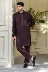 Stitched Premium Embroidered Kurta With Matching Trousers for Men - Dark Brown
