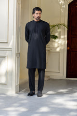 Stitched Embroidered Kurta With Matching Trousers for Men - Deep Black