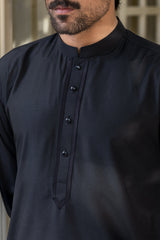 Stitched Embroidered Kurta With Matching Trousers for Men - Deep Black