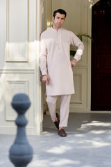 Stitched Cross Stitch Embroidered Kurta With Matching Trouser for Men - Soft Pink