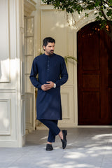 Stitched Ban Collar Kurta Trouser With Golden Logo Buttons for Men - Dark Blue