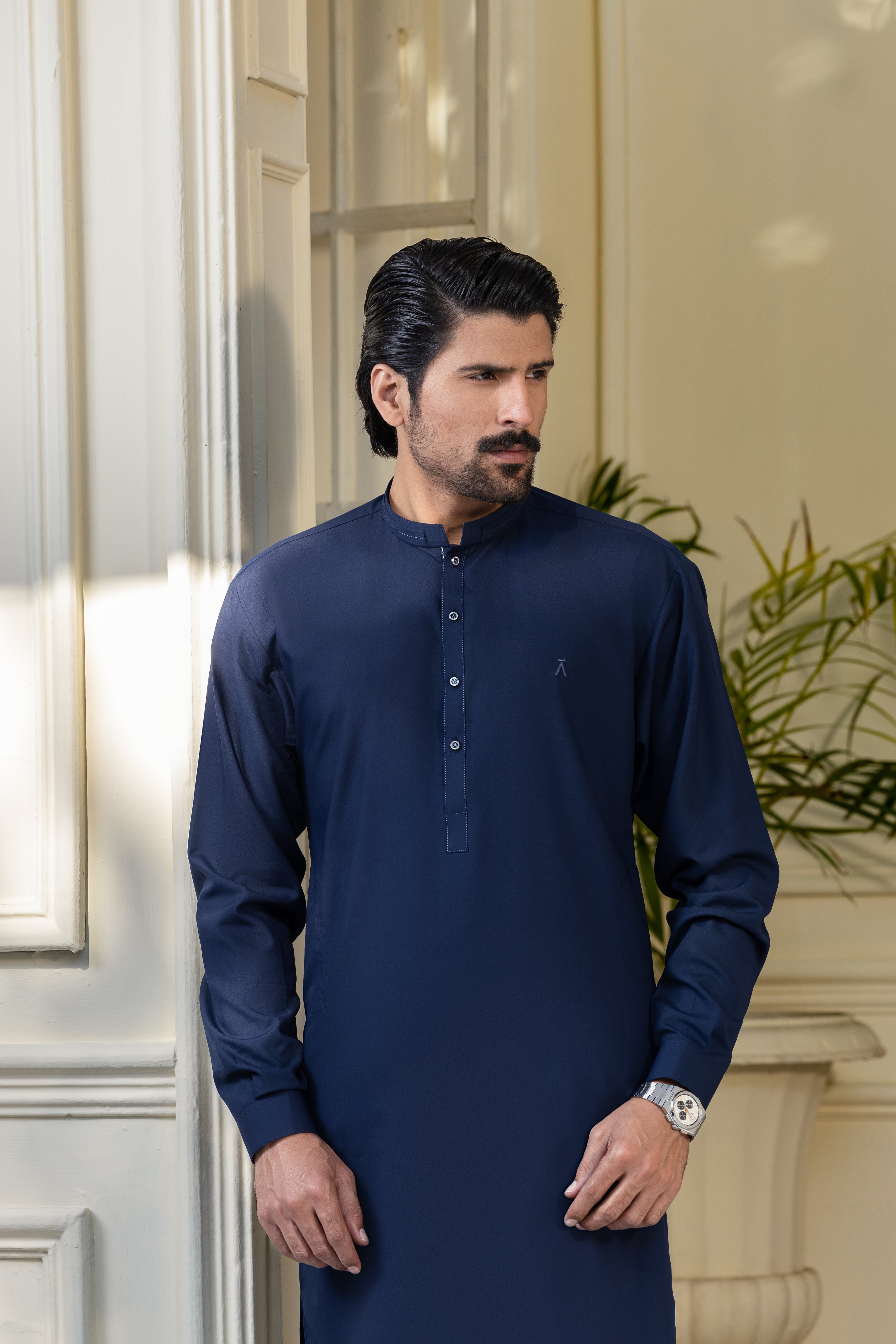 Stitched Ban Collar Kurta Trouser With Golden Logo Buttons for Men - Dark Blue