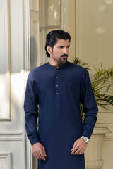Stitched Ban Collar Kurta Trouser With Golden Logo Buttons for Men - Dark Blue