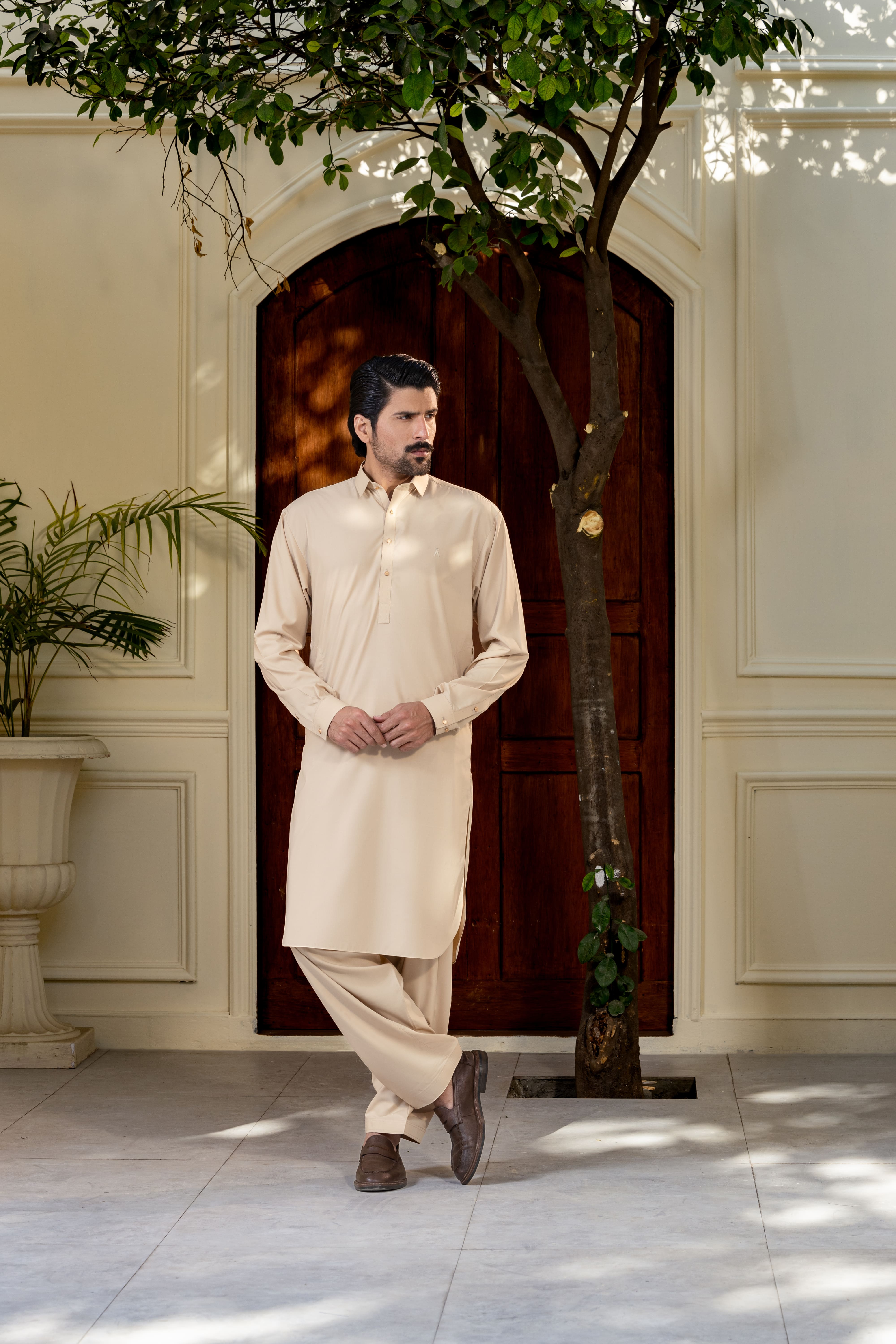 Stitched Premium Collar Kameez With Matching Shalwar for Men - Biscuit